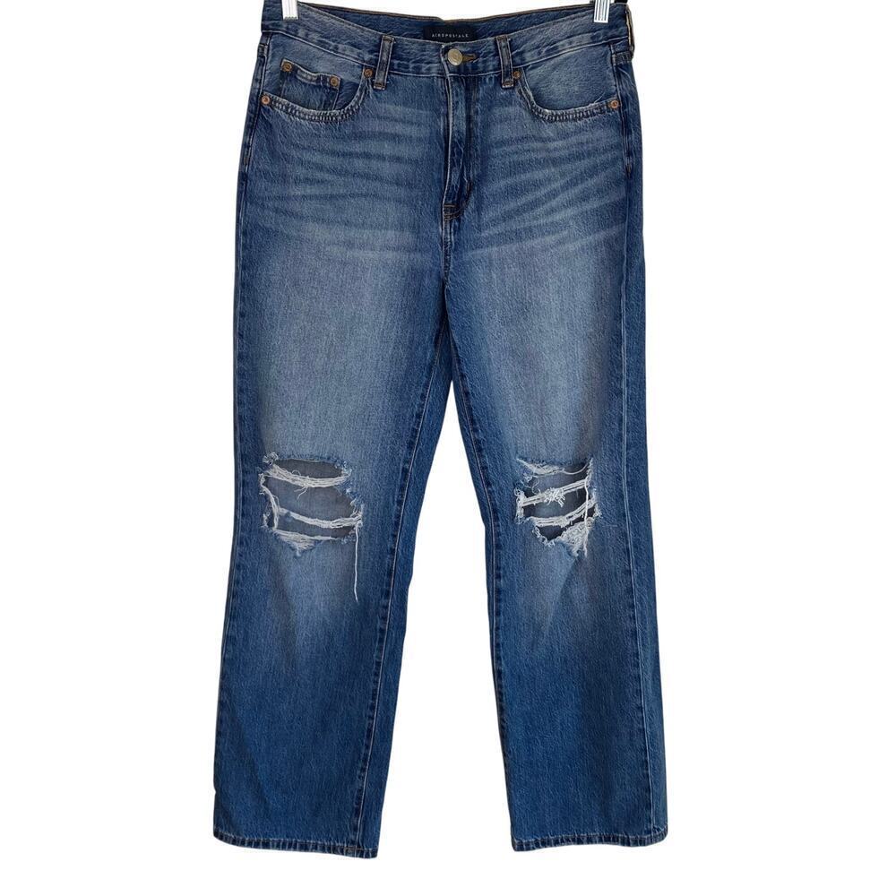 Aeropostale Sz 8 Skater Jeans Relaxed Wide Leg Distressed Ripped Knees Mid Wash - Picture 2 of 16